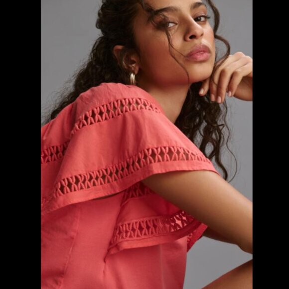 Brand New Self Contrast Flutter-Sleeve Cutwork Top - Picture 3 of 7